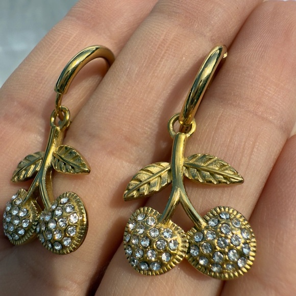 NEW NWT 2025 Gold Cherry Earrings with Crystals - Picture 3 of 8